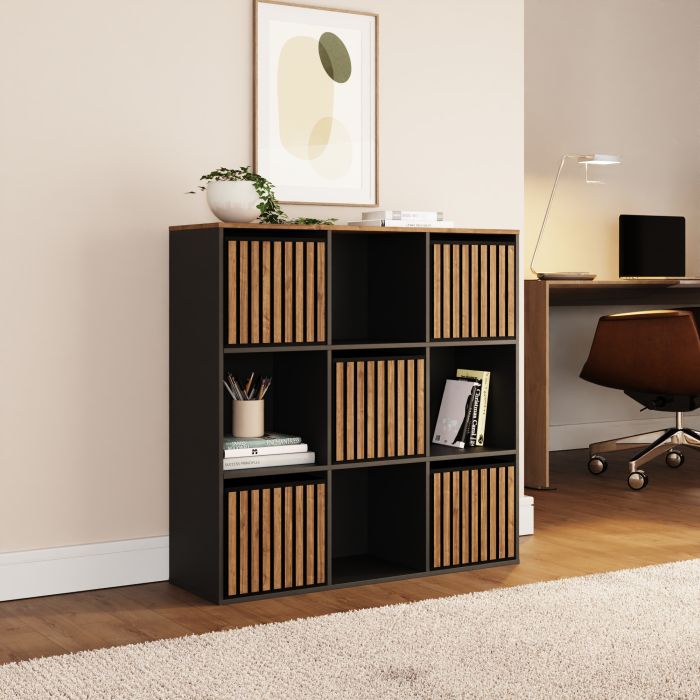 KUBIX 3x3 Cube Storage Unit with Walnut Accents - Black with Dark Oak