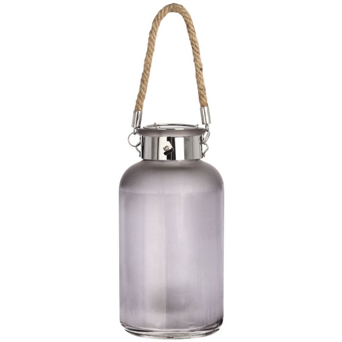 Frosted Glass Lantern with Rope Detail and LED - Grey