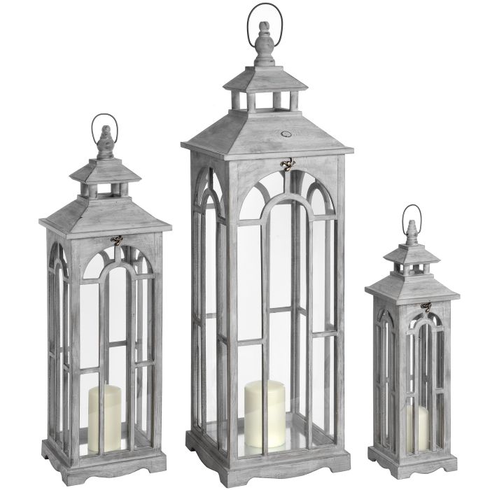 Grey Wooden Lanterns With Archway Design - Set Of 3