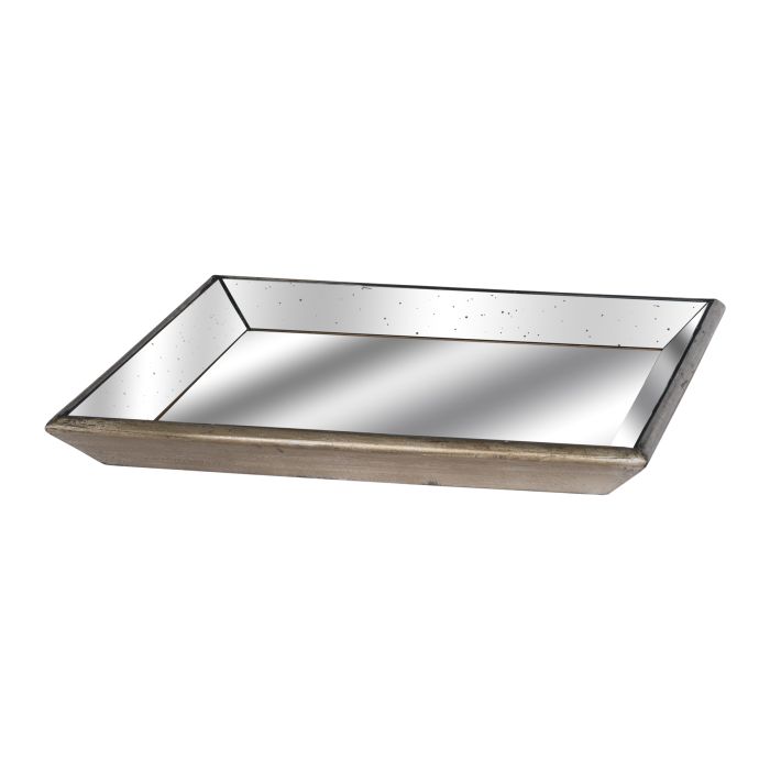 Astor Distressed Mirrored Square Tray With Wooden Detailing Lge - Brown, Gold