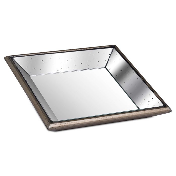 Master Distressed Mirrored Square Tray With Wooden Detailing Small - Brown, Gold