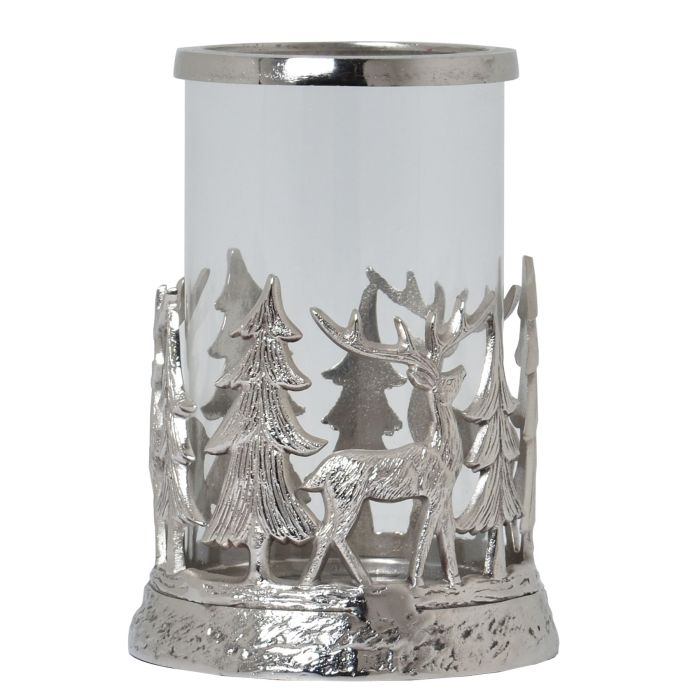 Stag Scene Hurricane Lantern - Silver