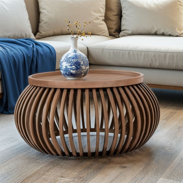 SINDRA Solid Wood Small Round Low Coffee Table - Oak Finish