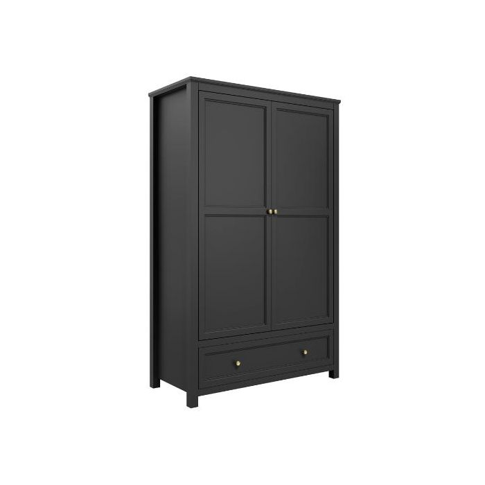Wardrobe - IVANHOE 2 Door with Drawer Wardrobe Matt Black - 118cm