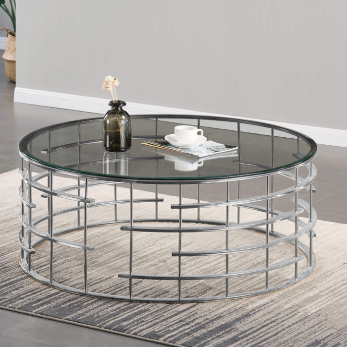 Monterey Circular Coffee Table Clear Glass Top, Silver Stainless Steel Base - Modern Elegance