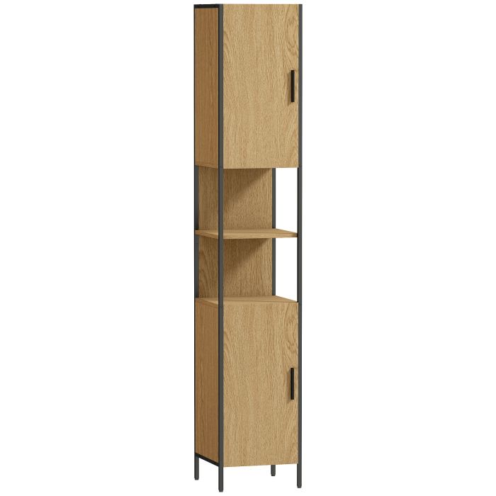 HERON Tall Bathroom Cabinet with 2 Doors Open Compartments Natural Wood Finish