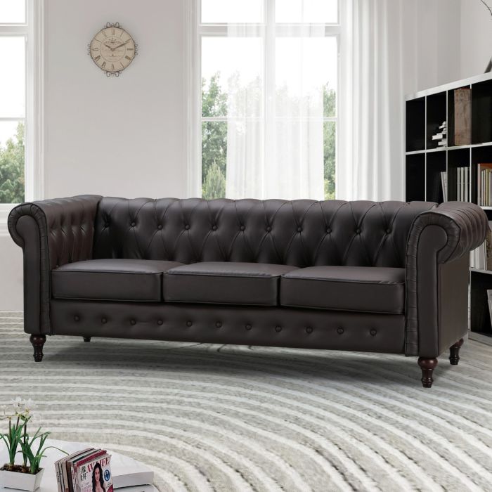 3 Seater Sofa - BELFORIA Leather Chesterfield Sofa - Brown