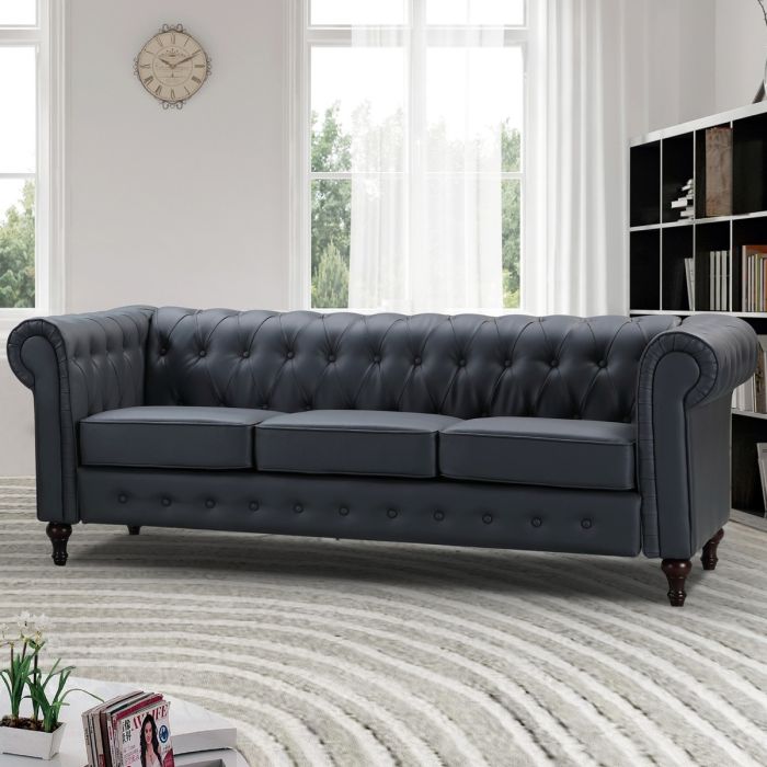 3 Seater Sofa - BELFORIA Leather Chesterfield Sofa - Grey