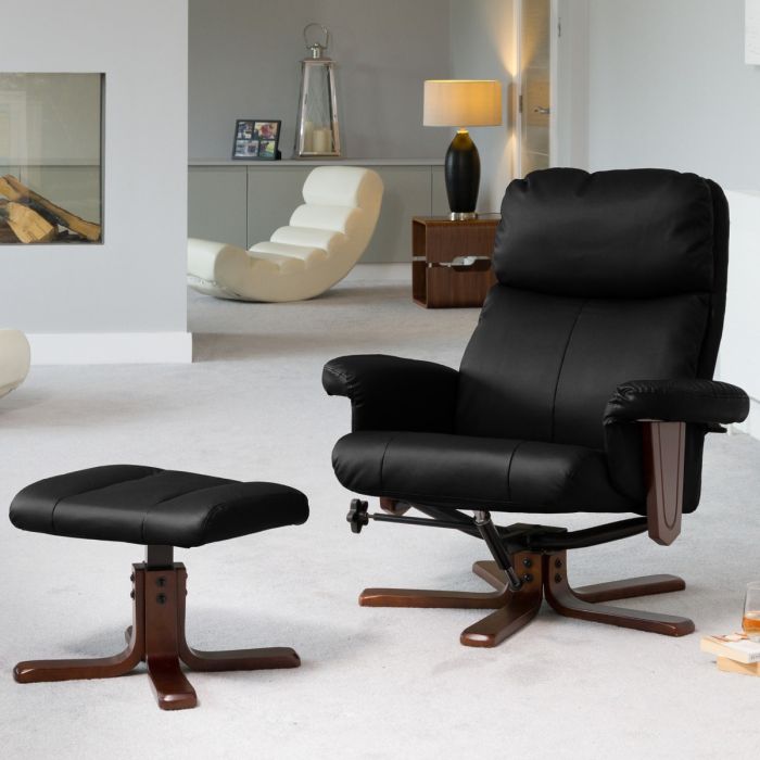 Armchair - ELEVARO Leather Swivel Recliner Chair with Stool Heated Massage - Black