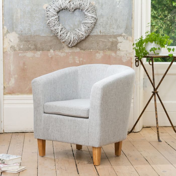Tub Chair - VIVELLA Textured Fabric Chair with Light Wood Legs - Light Grey