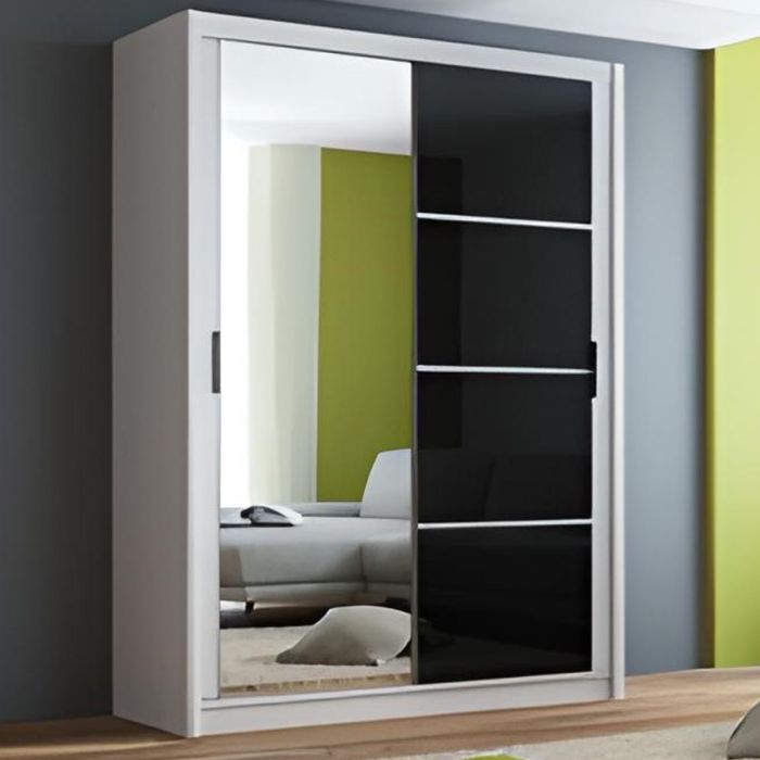 Highland Sliding Door Mirrored 150cm Wardrobe - White with Black