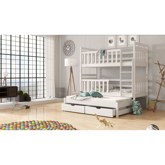 Clare Wooden 2 Drawers Bunk Bed with Trundle and Foam Mattress - White