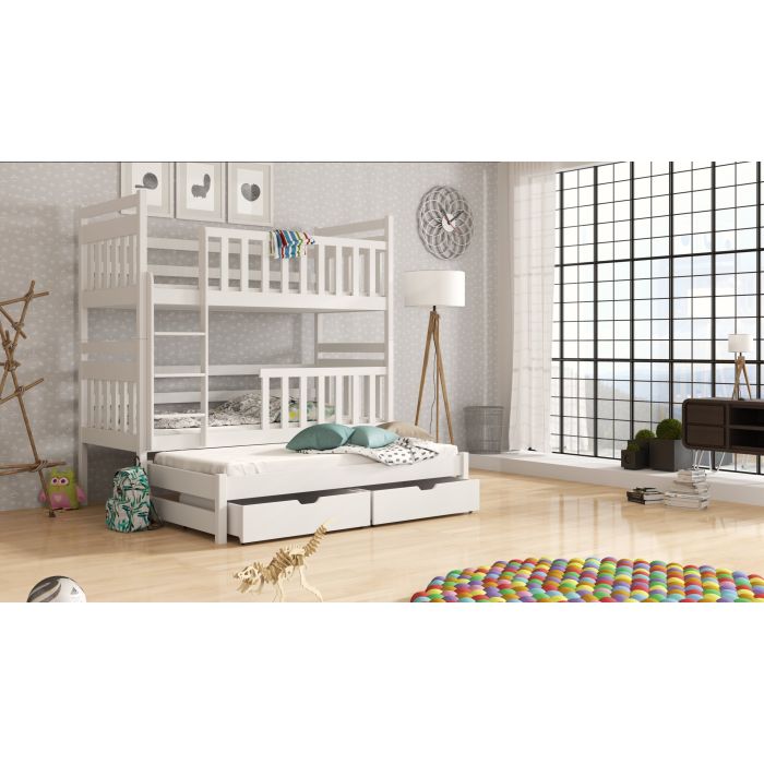 Clare Wooden 2 Drawers Bunk Bed with Trundle and Bonnell Foam Mattress - White