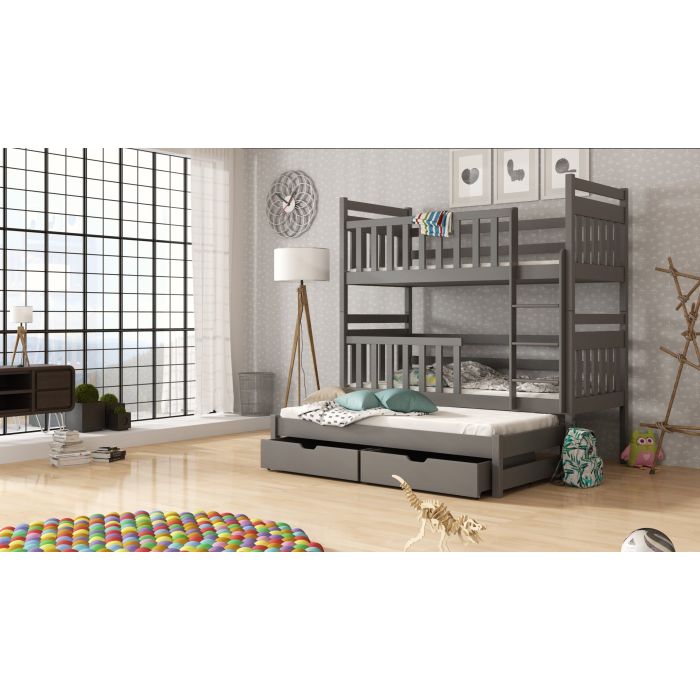 Clare Wooden 2 Drawers Bunk Bed with Trundle and Foam Mattress - Graphite
