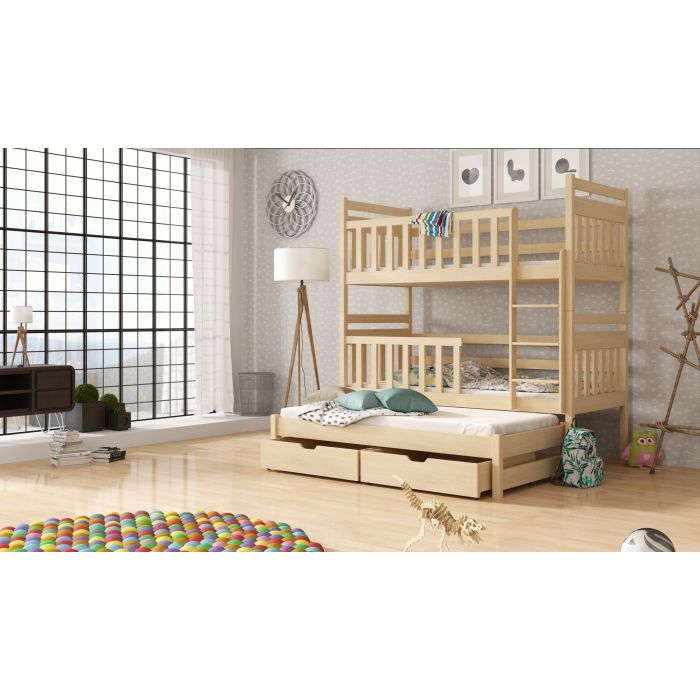 Clare Wooden 2 Drawers Bunk Bed with Trundle and Foam Mattress - Pine