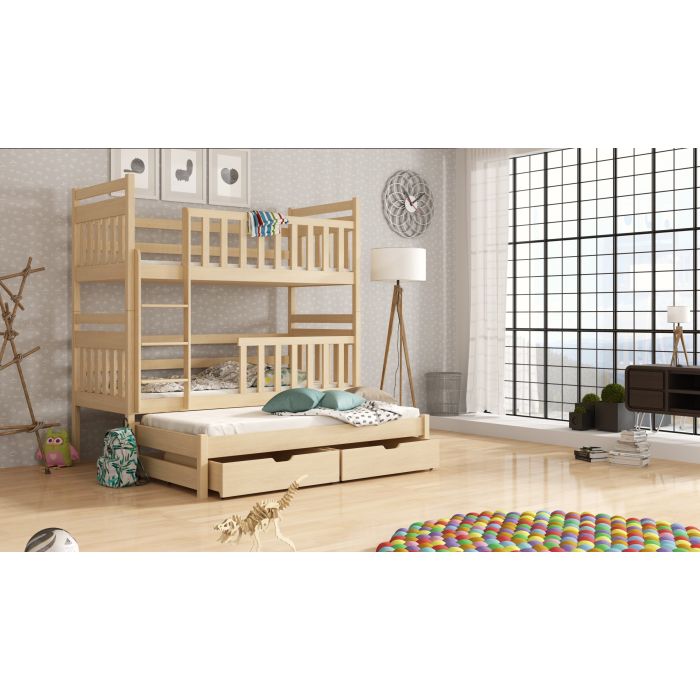 Clare Wooden 2 Drawers Bunk Bed with Trundle and Bonnell Foam Mattress - Pine