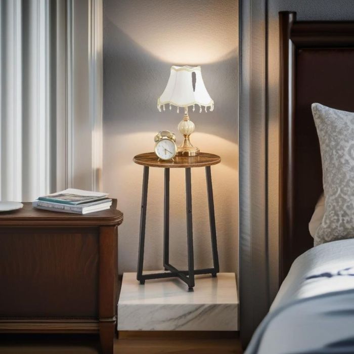 KESTRELLE Side Table Round Bedside or Coffee Table with Metal Frame - Rustic Brown