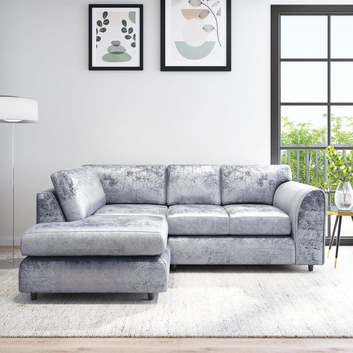 VELOURA Crush Velvet 4 Seater L Shaped Fullback Corner Sofa - Silver, Left Hand Facing