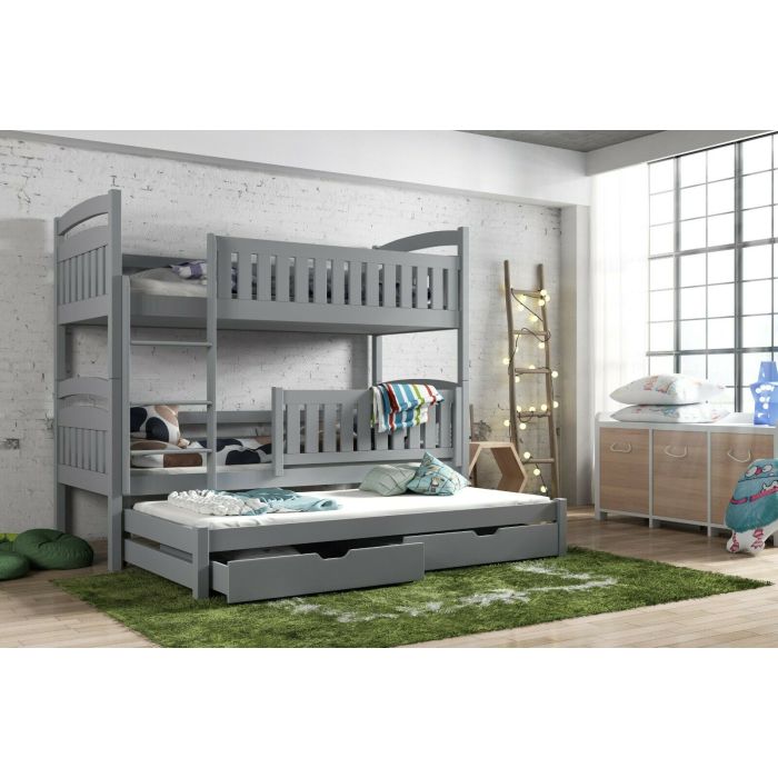 Brenda Wooden 2 Drawers Bunk Bed with Trundle and Bonnell Foam Mattress - Grey