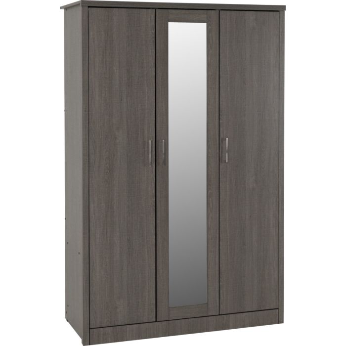 Wardrobe - LISKEARD 3 Door Mirrored Wardrobe Black Wood Grain 120cm
