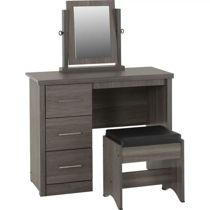 Lisbon 3 Piece Dressing Table Set with Mirror - Black Wood Grain Black Faux Leather