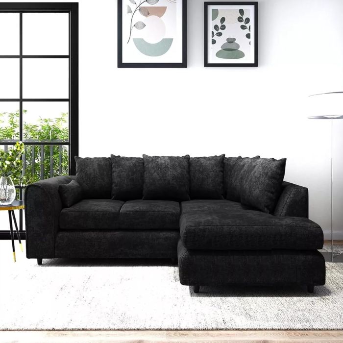 LORVANI Fabric 4 Seater L Shaped Scatterback Corner Sofa - Black, Right Hand Facing