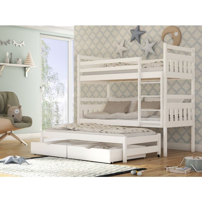 RYN Wooden 2 Drawers Storage Double Bed with Trundle and Foam Mattress - White