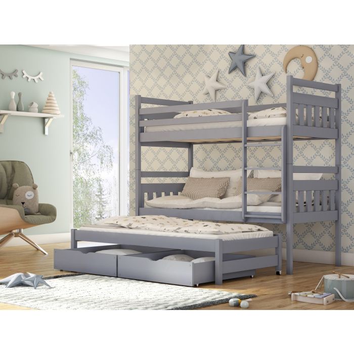 RYN Wooden 2 Drawers Storage Double Bed with Trundle and Foam Mattress - Grey