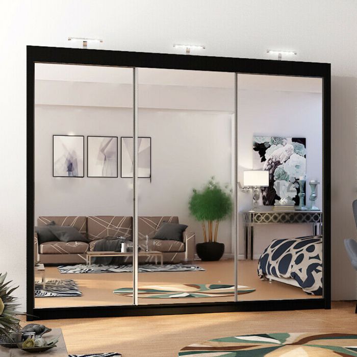 Full Mirrored Large Black Sliding Wardrobe 250cm