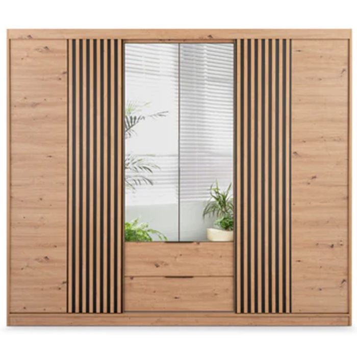 MAJO 4 Door Mirrored Wardrobe with 2 Drawers Medium Oak - 250cm