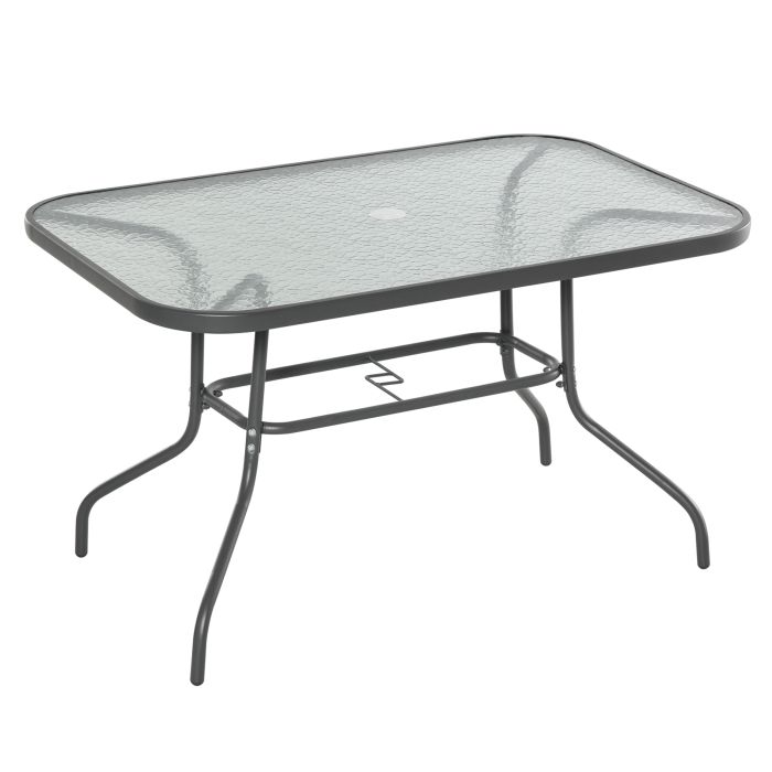 Glass Top Garden Table Curved Metal Frame w/ Parasol Hole 4 Legs Outdoor Balcony Sturdy Friends Family Dining Table -Grey