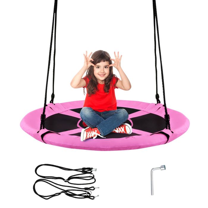 MORROWE 100cm Children Flying Saucer Tree Swing with Adjustable Rope-Pink