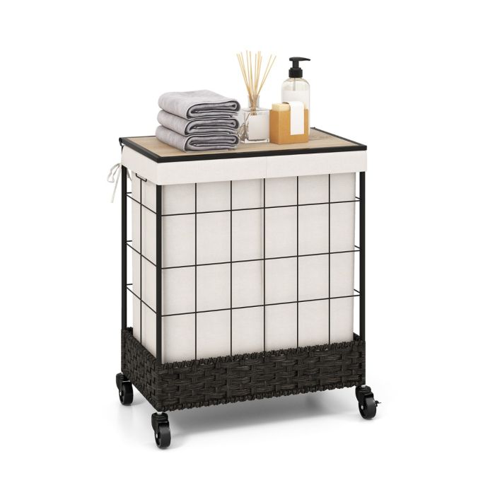 Laundry Basket - 110L Large Capacity Handwoven Rattan Laundry Basket with Lid and Lockable Wheels-Black