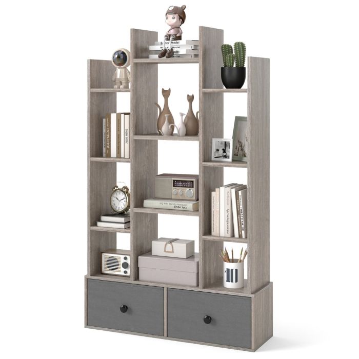 XAVIX 12-Tier Wooden Bookshelf with Folding Drawer for Study Living Room-Grey