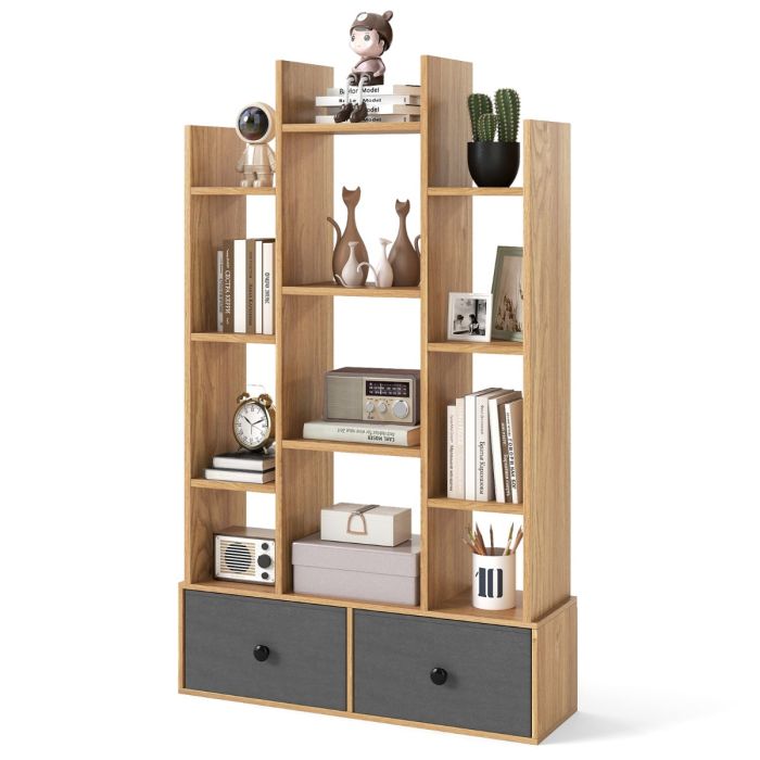 XAVIX 12-Tier Wooden Bookshelf with Folding Drawer for Study Living Room-Natural