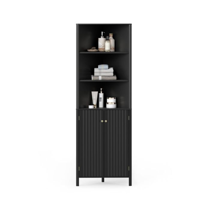 YIVENA 172cm Tall Corner Cabinet with 5 Shelves and 2 Fluted Doors-Black