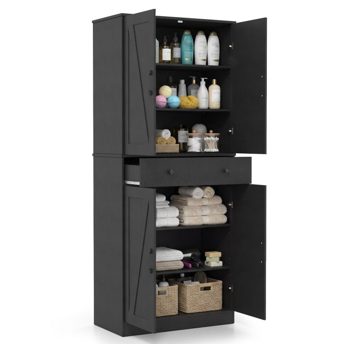183cm Tall Kitchen Pantry with 4 Barn Doors and 3 Adjustable Shelves-Black