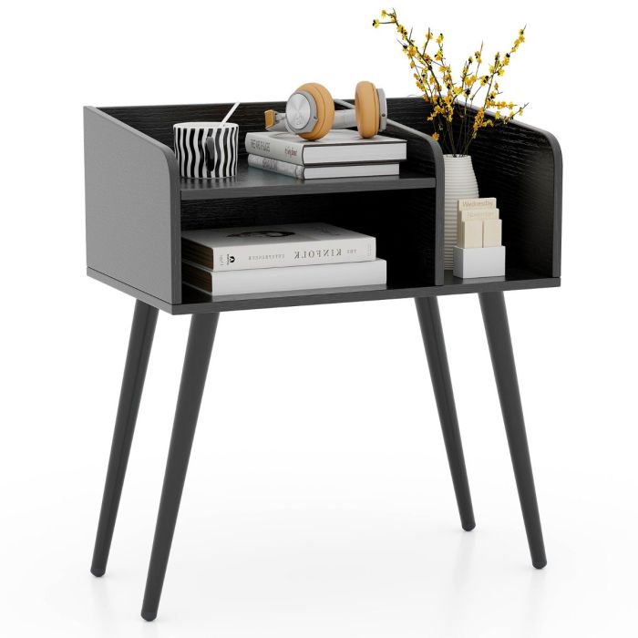 DAZE 2-Tier Mid Century Modern Nightstand with Open Shelves-Black