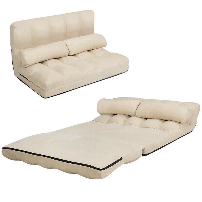 Floor Sofa Bed - 2 in 1 Folding Floor Lazy Sofa Bed with 6 Adjustable Seat Positions and 2 Pillows-Beige