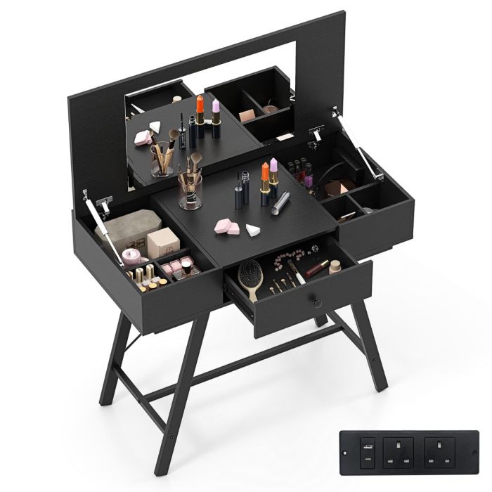 CALMARIN 2-in-1 Vanity Desk with Mirror and Charging Station-Black