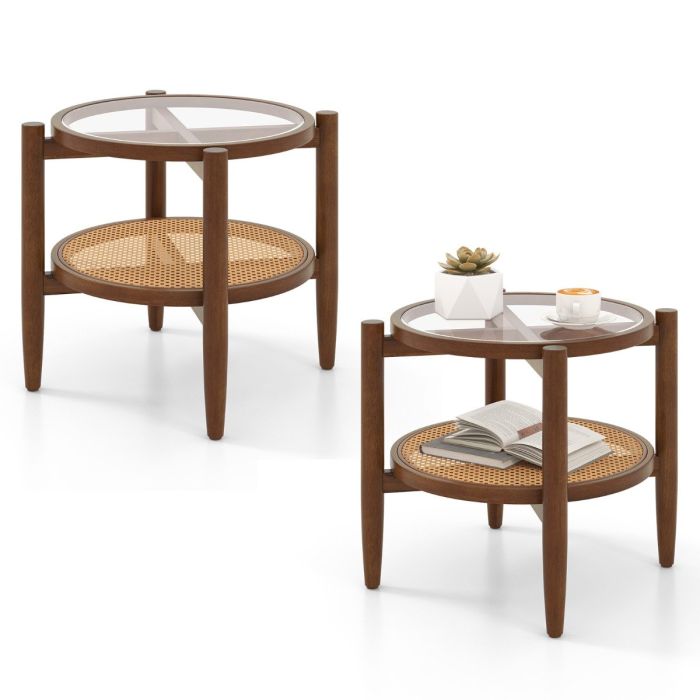 2-Tier Round Side End Table Set of 2 with Tempered Glass Tabletop