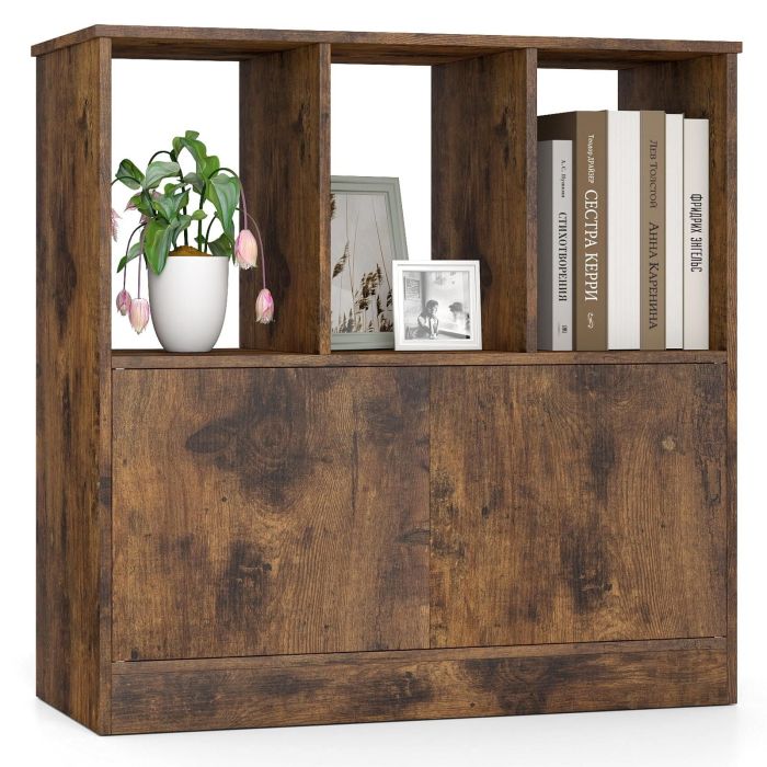 YLOR 3-Cube Bookcase with Cabinet for Small Spaces-Rustic Brown