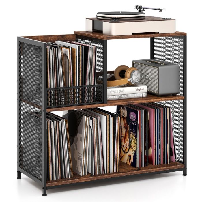 3-Tier Record Player Stand with Vinyl Storage and 3 Removable Dividers-Brown