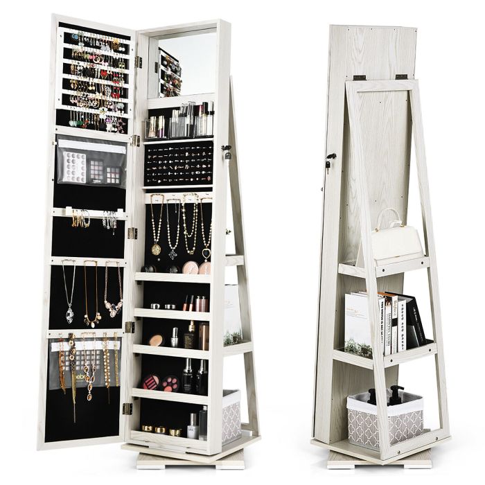 Full Length Mirrored Jewellery Cabinet Rotates 360Â° with Open Display Shelves-White