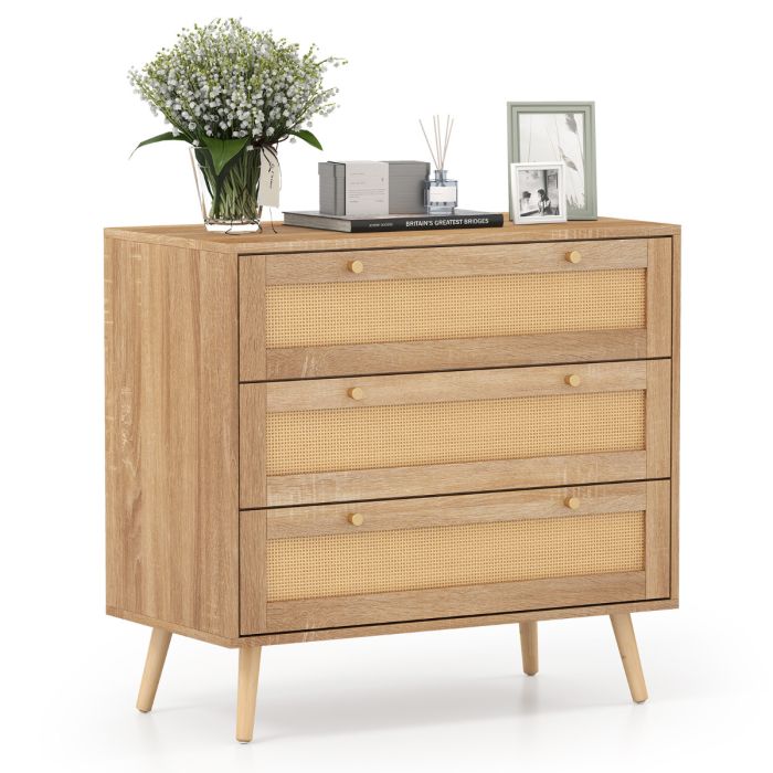 SOLAVA Oak Finish Rattan Chest of Drawers - Medium-sized, 3 Drawers