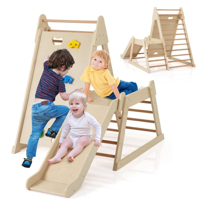 THERNWICK 3-In-1 Jungle Gym with Extended Slide and Rock Climbing-Natural