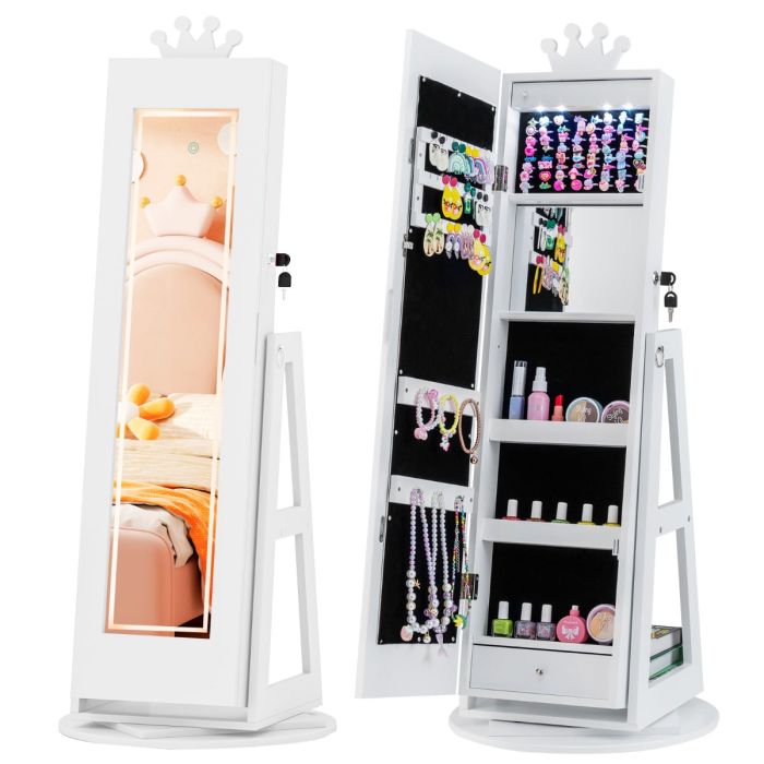 ZVENA 3 In 1 Kids Jewelry Cabinet 360degree Swivel Jewelry Armoire with Mirror-White