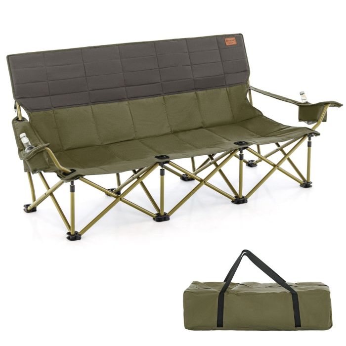Camp Furniture - 3 Person Folding Camping Chair with 2 Cup Holders Storage Bag-Green
