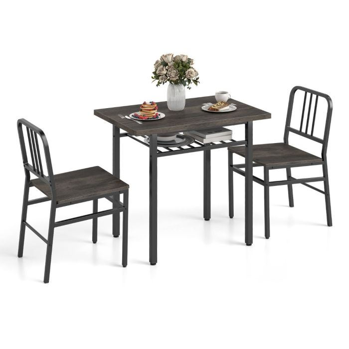 VEAAL 3-Piece Dining Table Set with Storage Rack and Metal Legs-Grey
