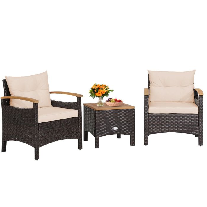 3 Pieces Patio Rattan Furniture Set with Cushions for Porch Backyard-Brown